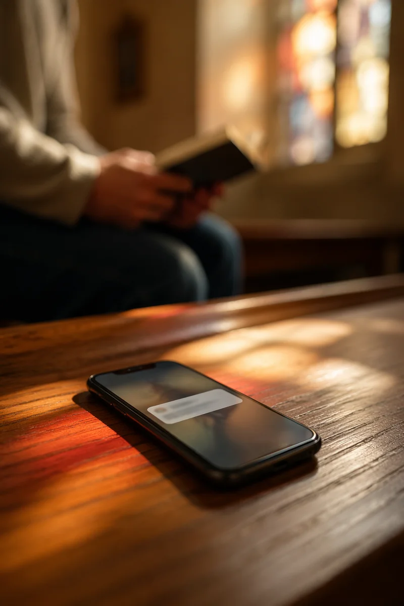 Smartphone Church App Notification on Wooden Bench