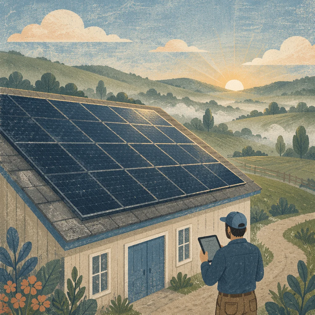 Rural Rooftop Solar Panels at Sunrise