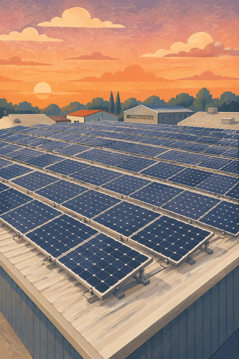 Sunset Solar Panels on Industrial Rooftop