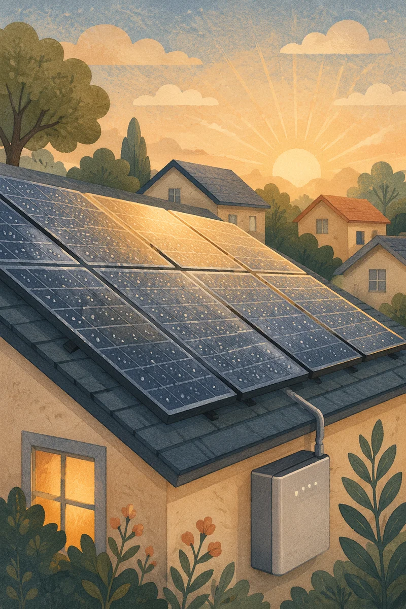 Sunlit Rooftop Solar Panels at Sunrise