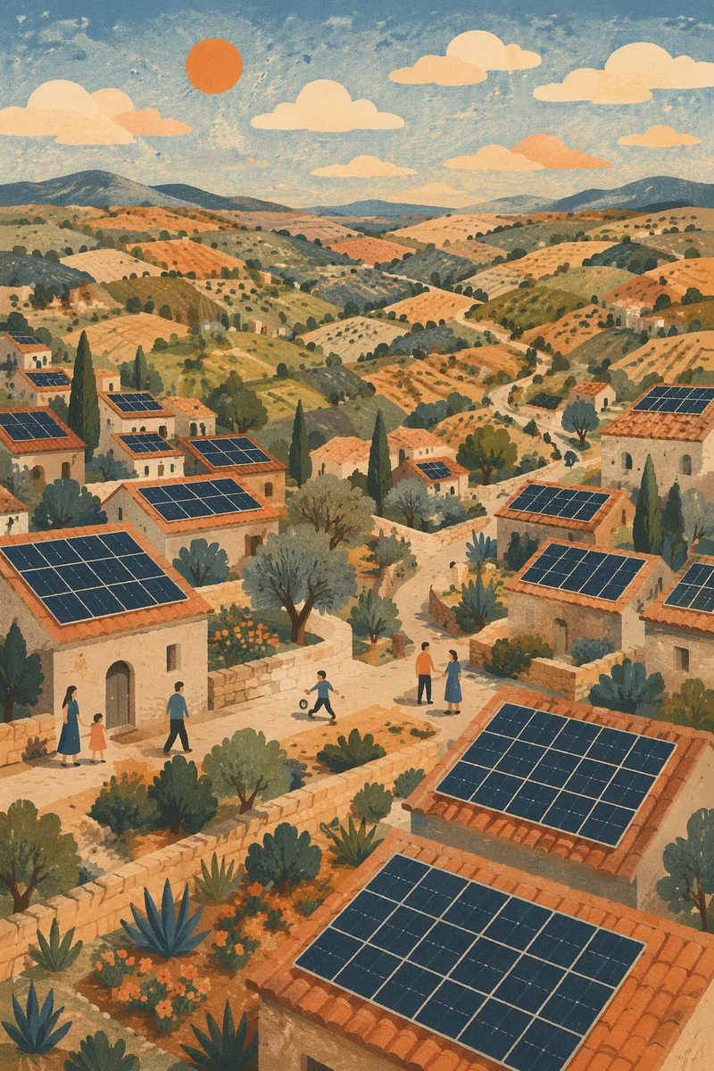 Aerial Rooftop Solar Panels at Sunset