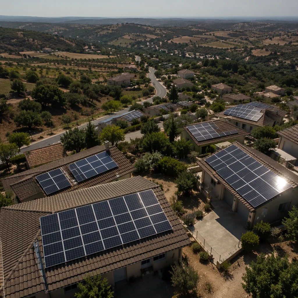 Solar Rooftops Across Quiet Hillside Neighborhood