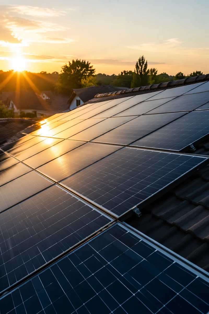 Solar Panels on Rooftop at Sunrise