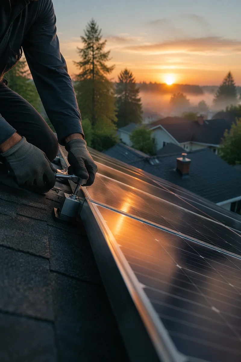 Morning Solar Panels on Suburban Rooftop