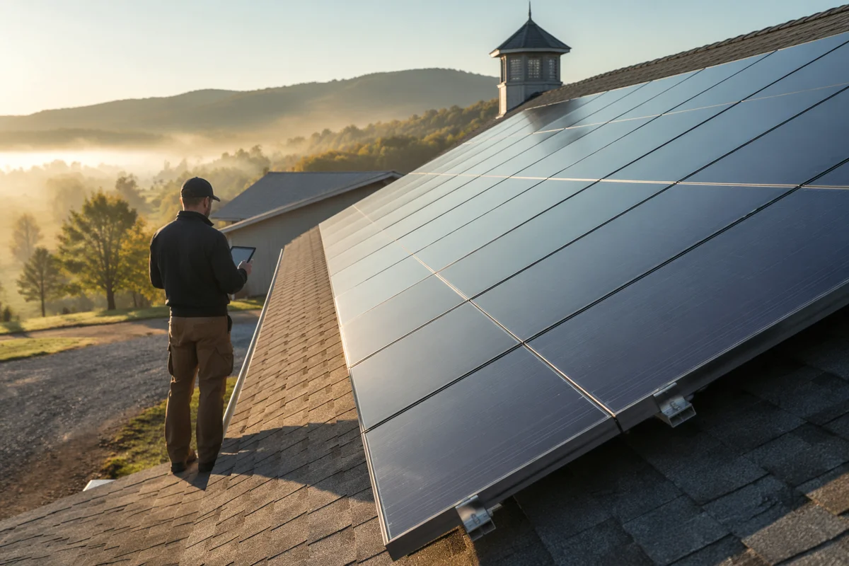 Rural Rooftop Solar Panels at Sunrise
