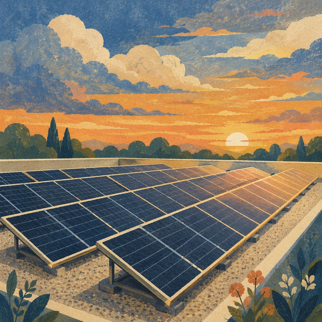 Rooftop Solar Panels at Golden Sunset