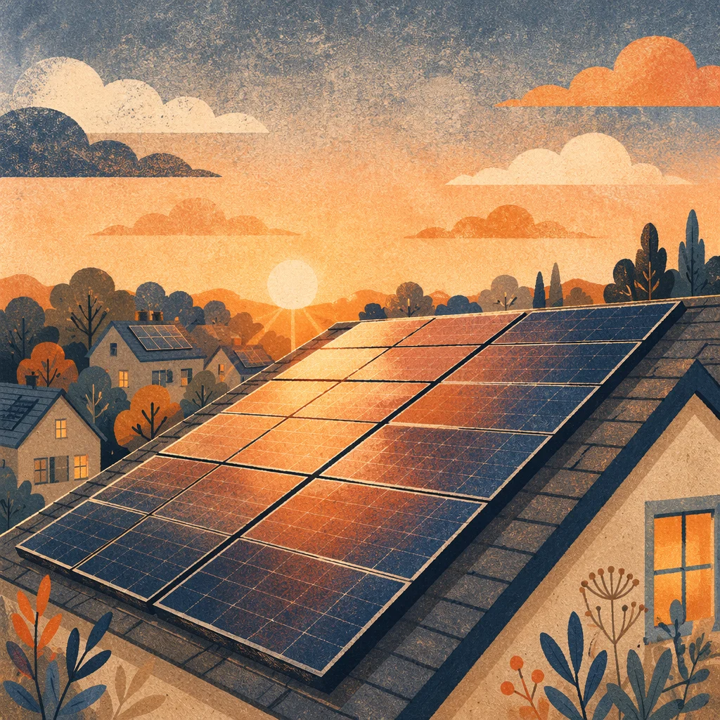 Sunset Solar Panels on Suburban Rooftop