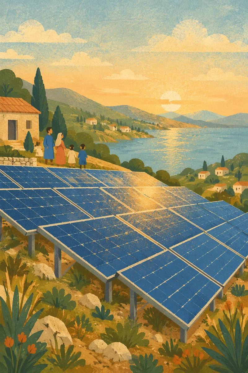 Solar Panels Over Coastal Hills at Sunset