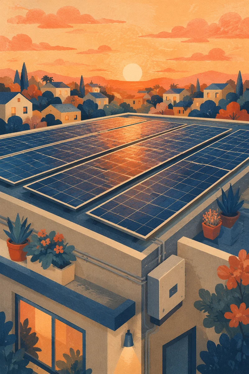 Sunset Rooftop Solar Panels in Warm Light