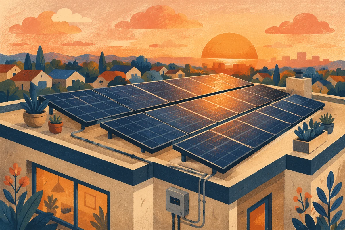 Solar Panels on Rooftop at Sunset