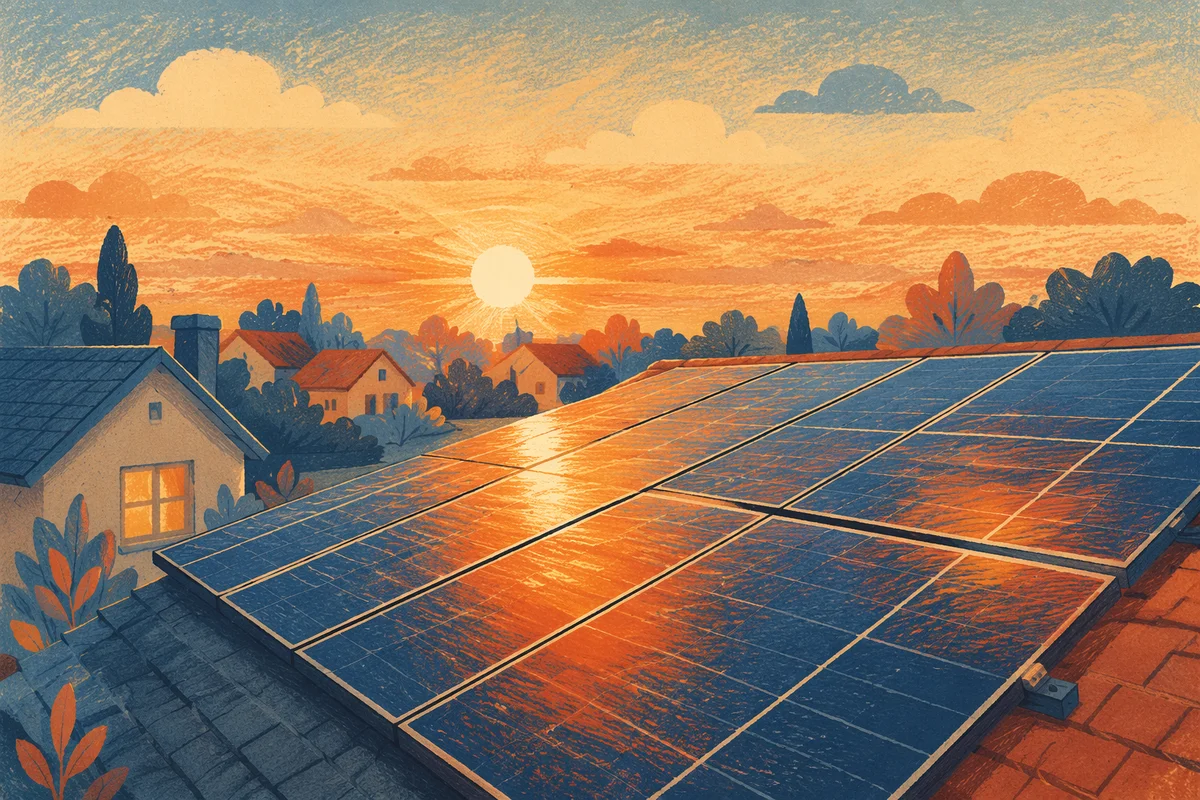 Rooftop Solar Panels at Sunset Glow