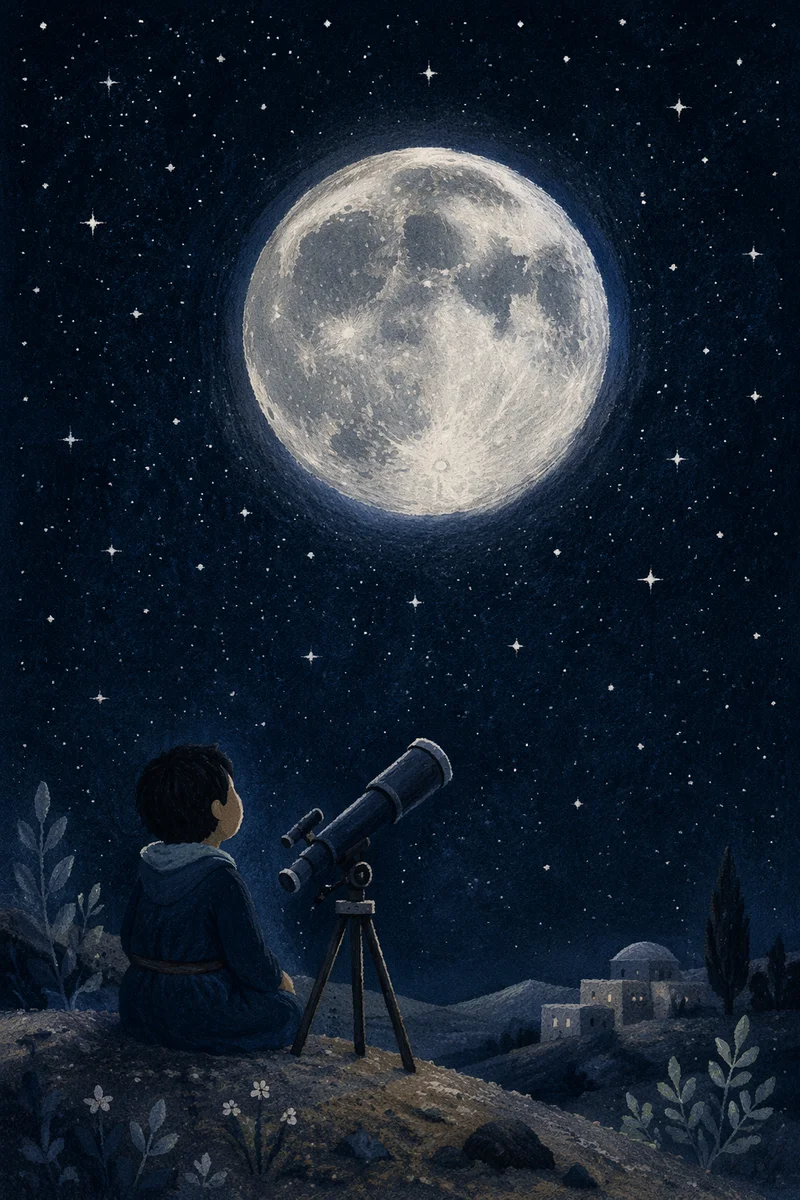 Telescope Observing Moonlit Starry Night
