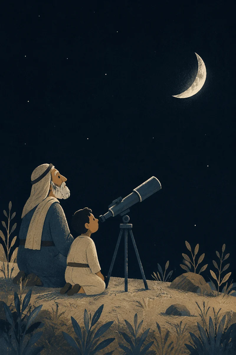 Telescope Under Crescent Moon Night Sky