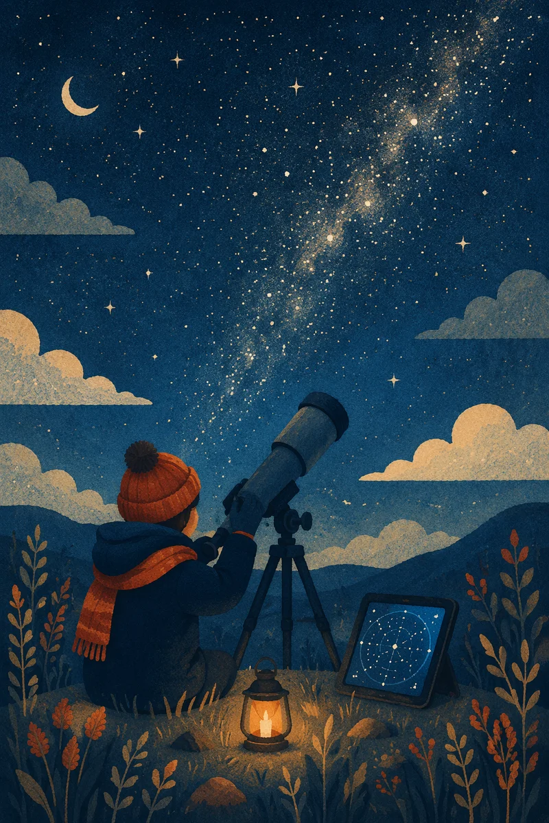 Telescope Under Starry Night on Hillside