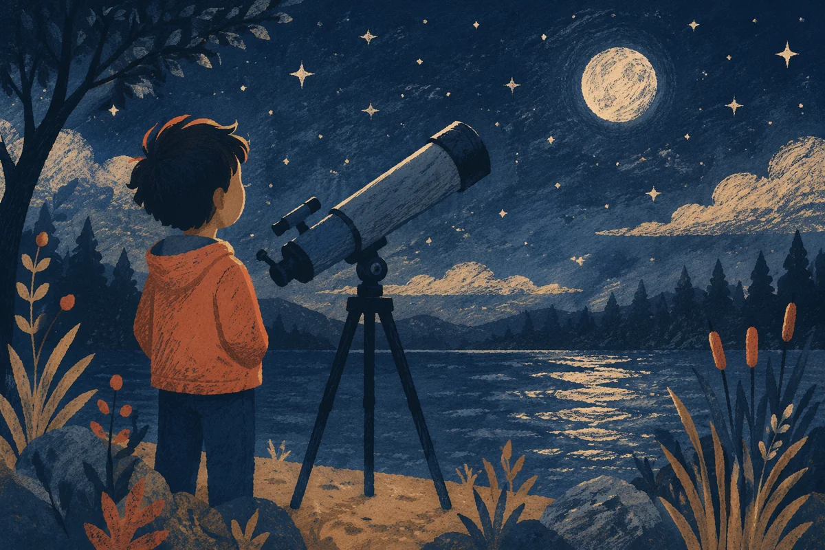 Moonlit Telescope Stargazing by Quiet Lake