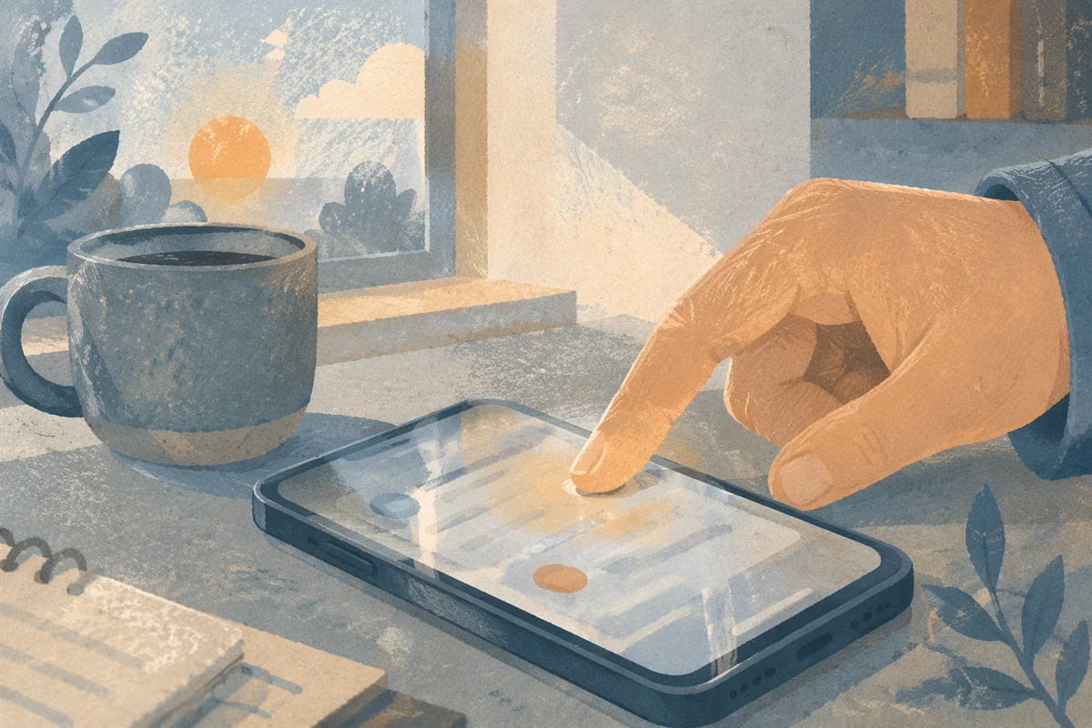 Finger Tapping Smartphone in Morning Workspace