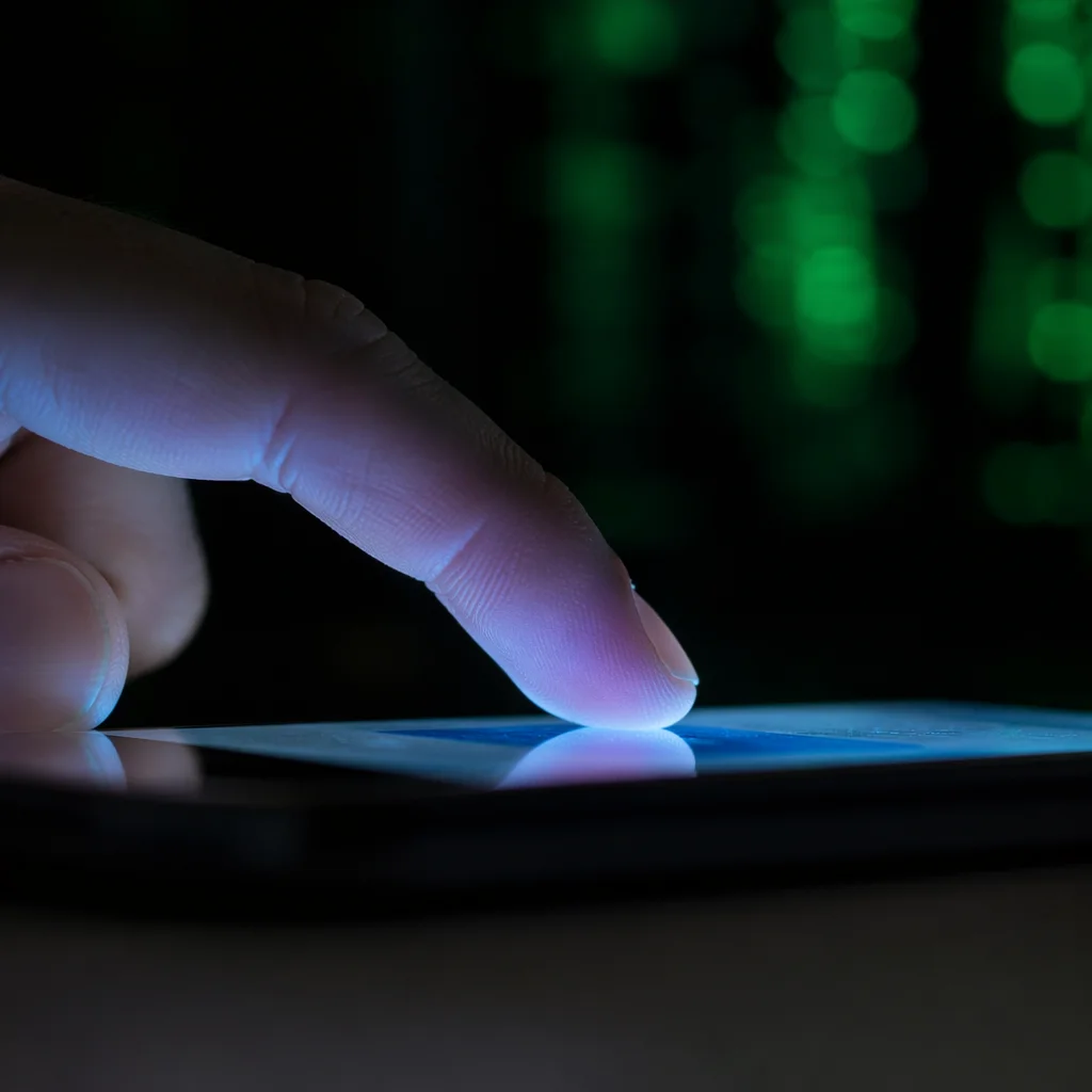 Fingertip Tapping Glowing Smartphone Screen Closeup
