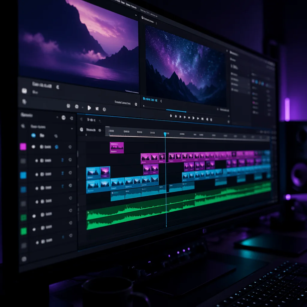 Neon Video Editing Timeline on Monitor
