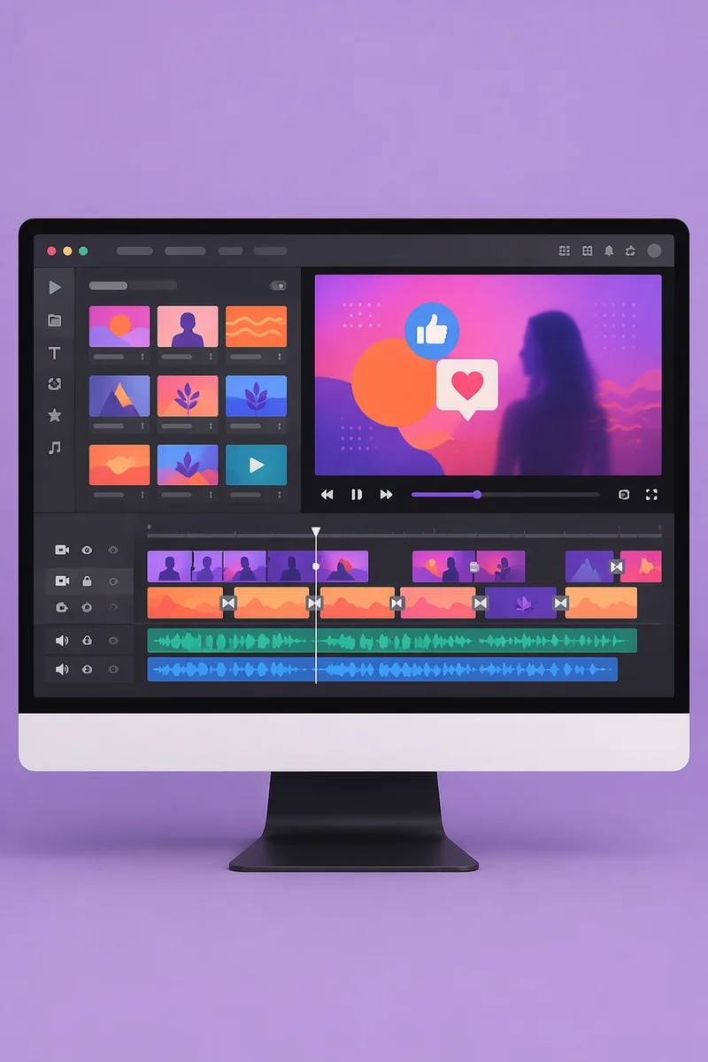 Colorful Video Editing Timeline on Monitor