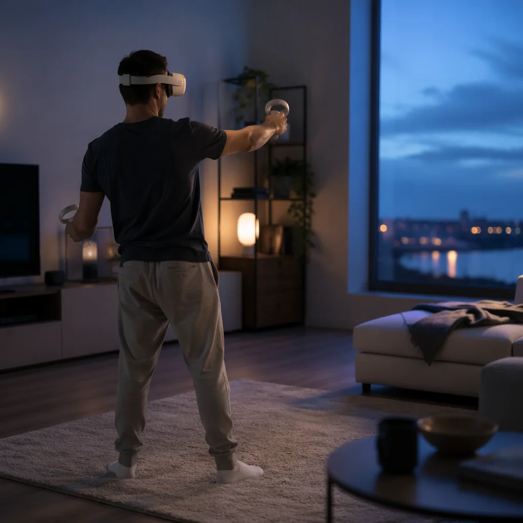 Immersive VR Headset in Blue Hour Living Room