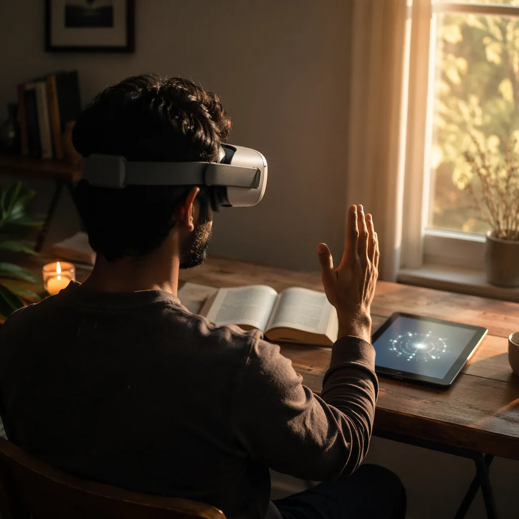 Person Using VR Headset at Desk