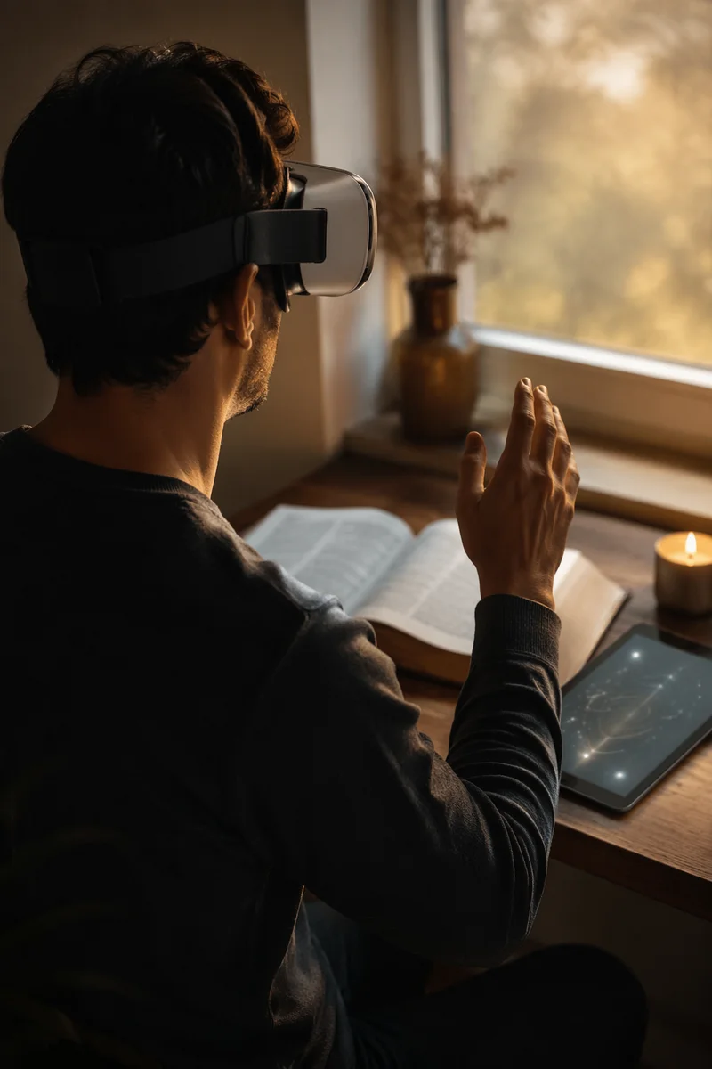 Person Using VR Headset at Desk