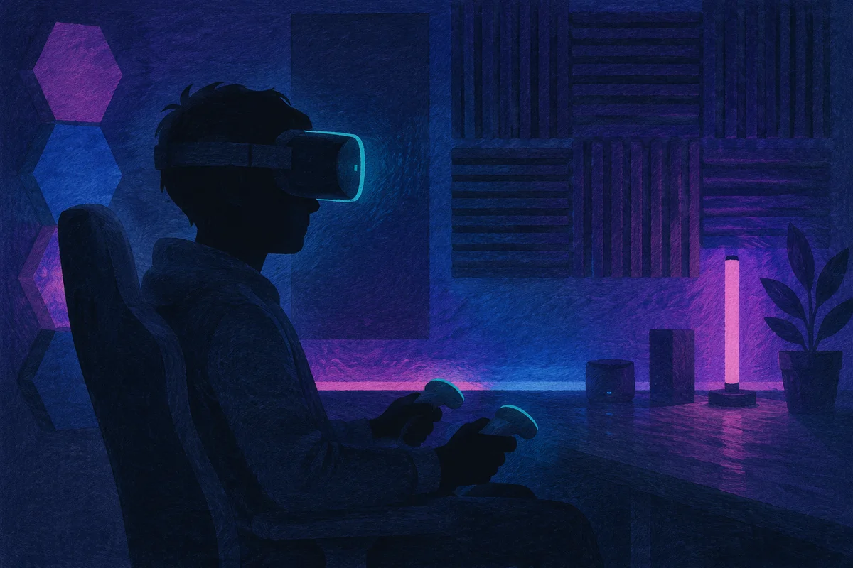 Neon VR Headset in Quiet Dark Room