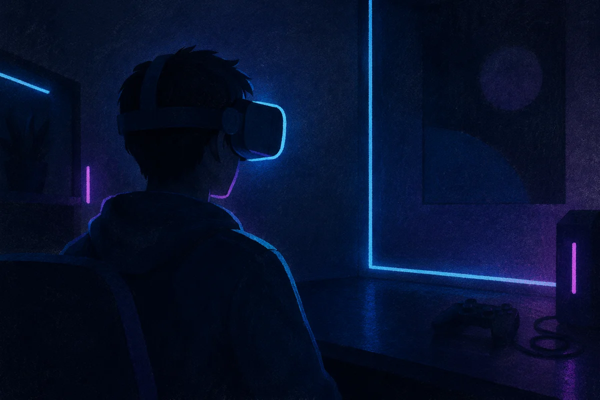 Neon Virtual Reality in Dark Room