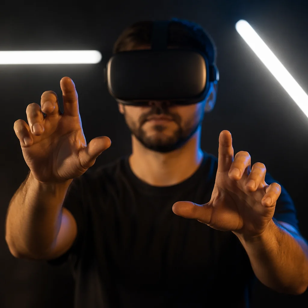 Person Wearing VR Headset in Studio