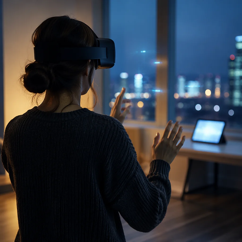 Person Exploring Virtual Reality at Blue Hour