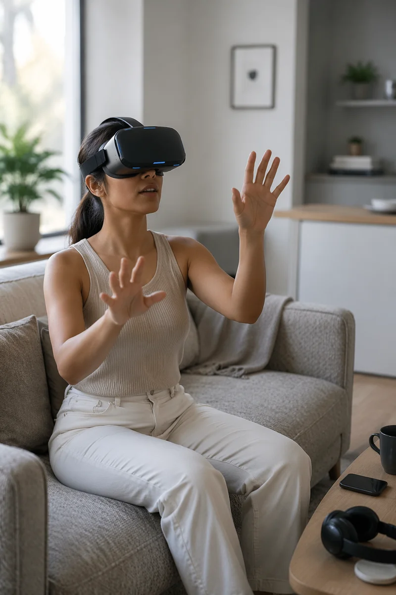 Woman Using Virtual Reality Headset Indoors