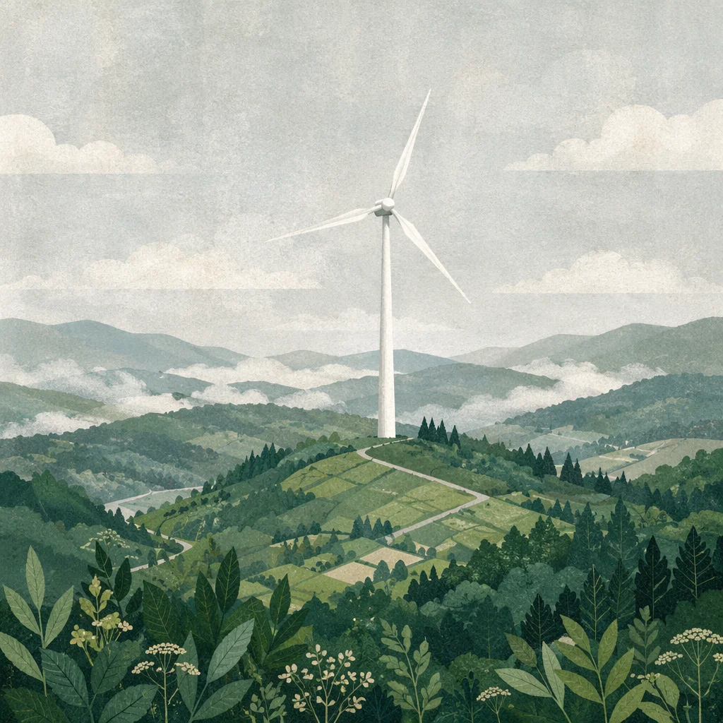 White Wind Turbine Over Misty Green Hills