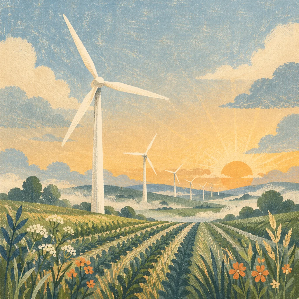 Dawn Wind Turbines Across Farmland
