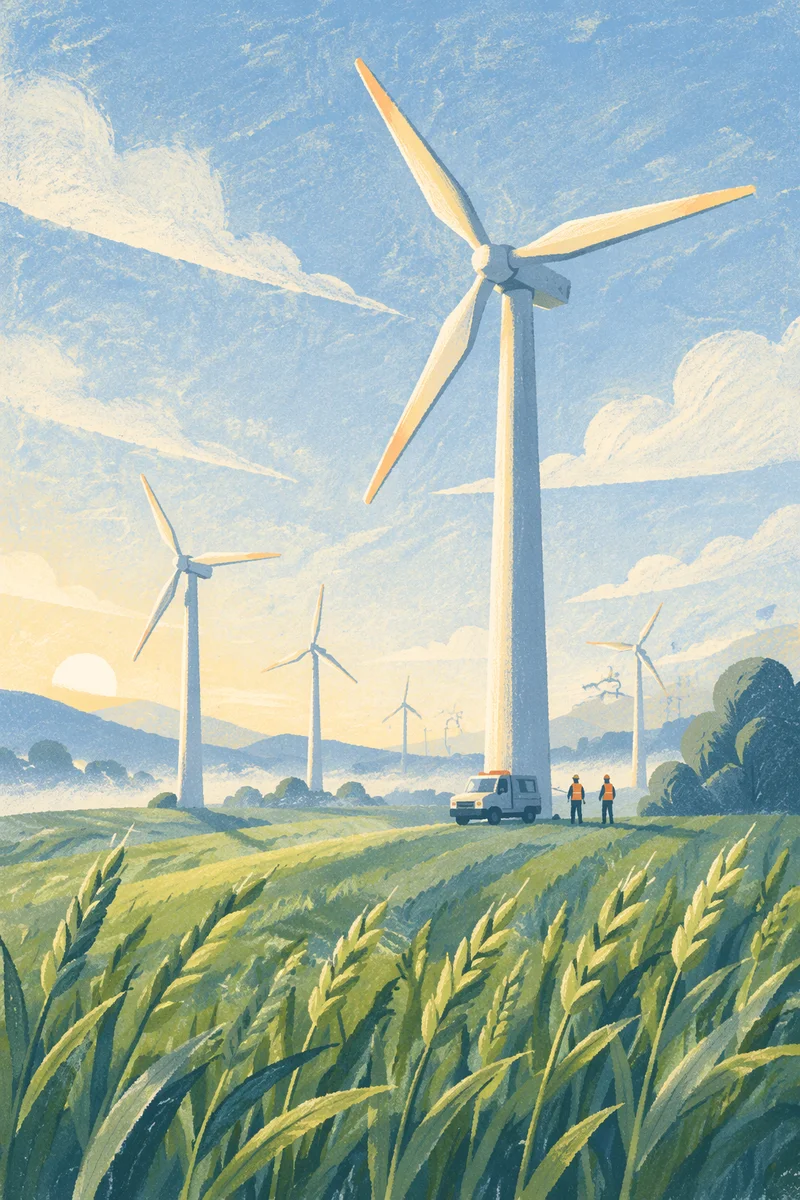 Wind Turbines Across Misty Green Farmland