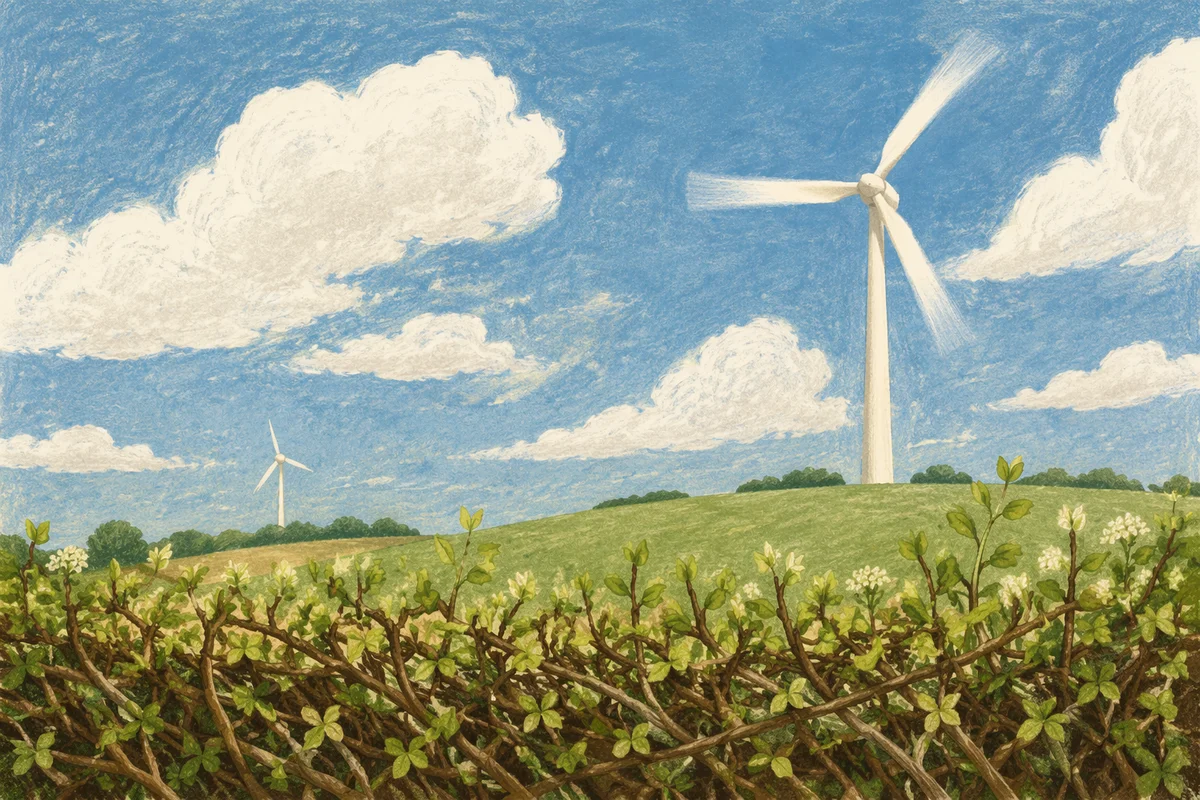 Wind Turbines Over Spring Hedgerow Field