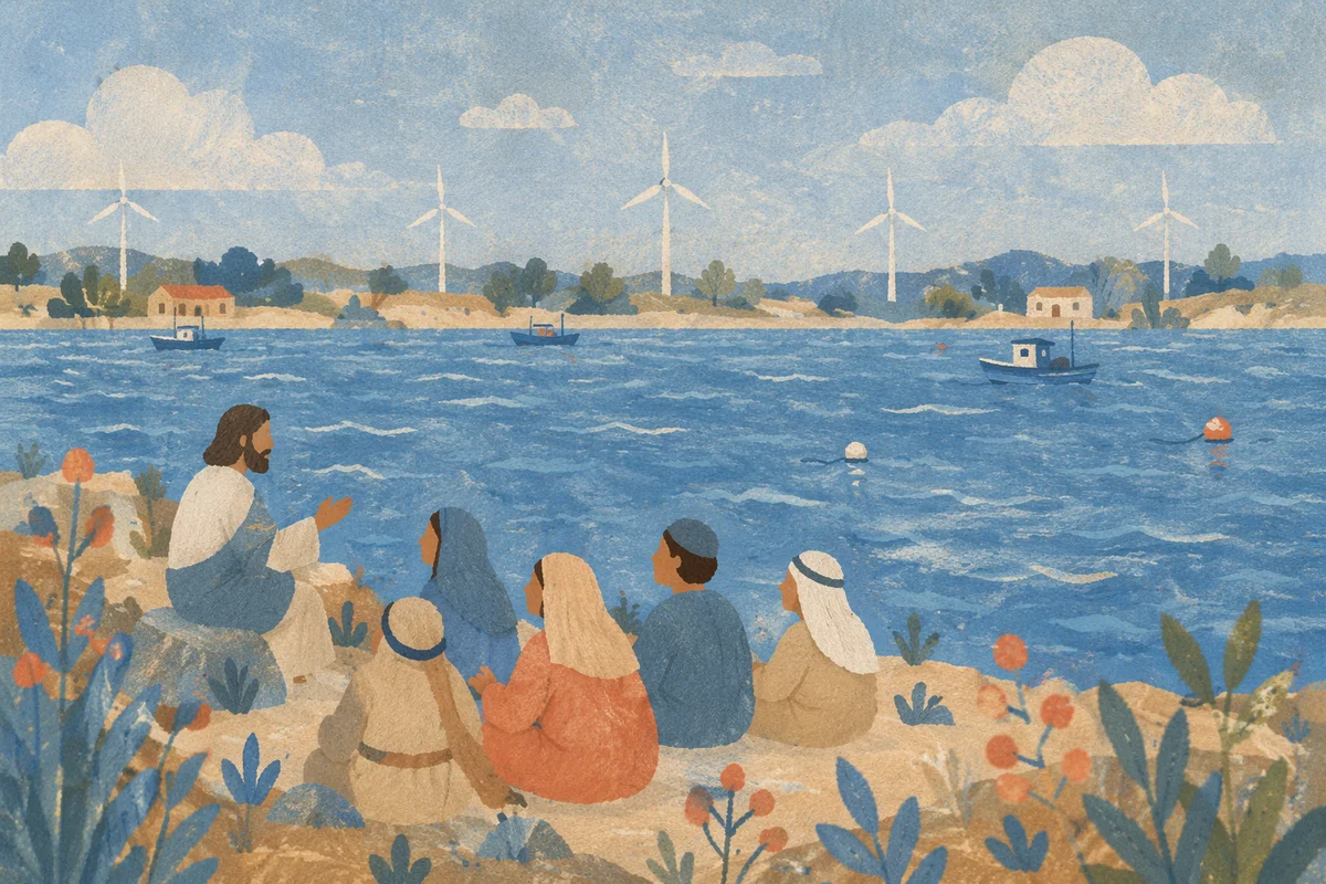 Coastal Wind Turbines Over Calm Blue Water
