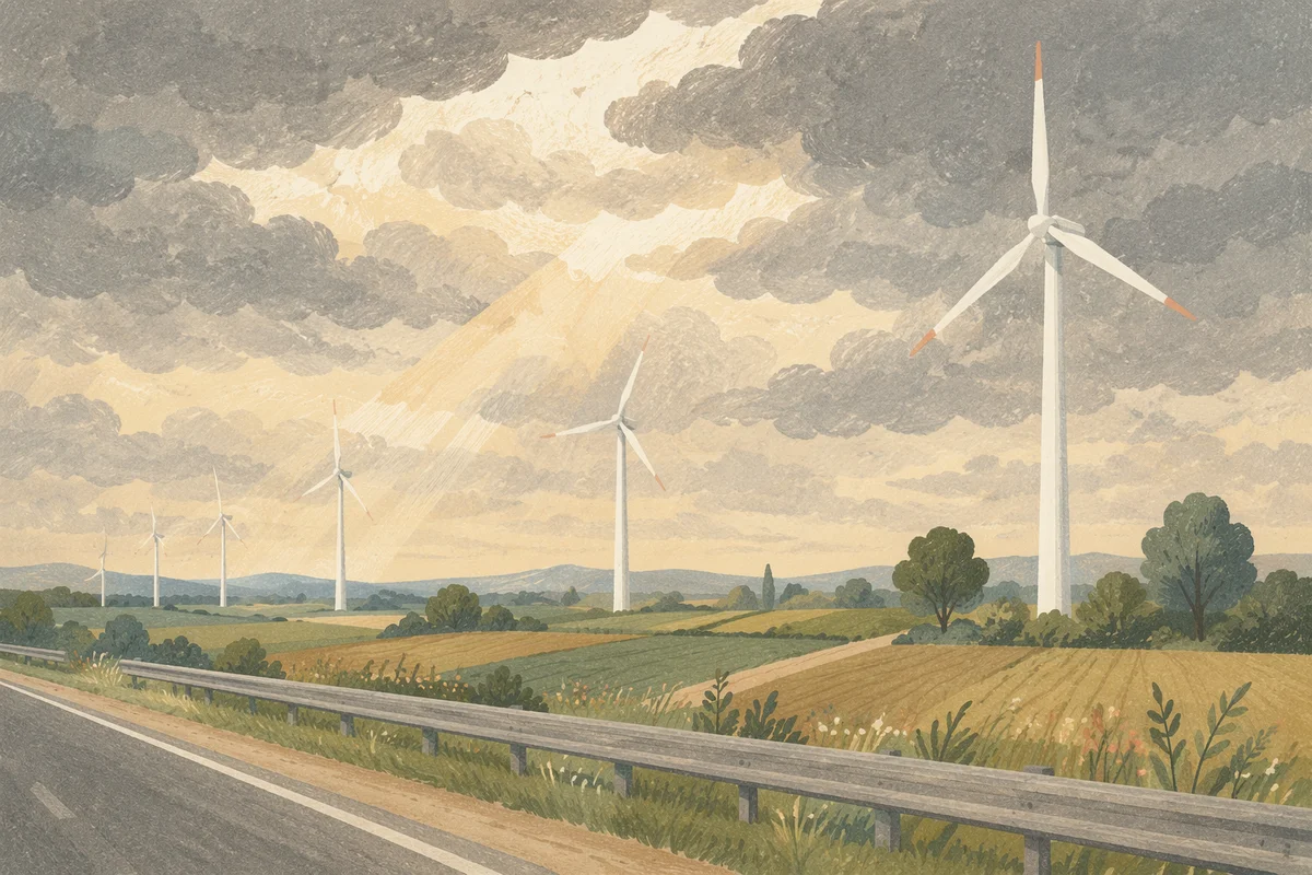 Wind Turbines Over Peaceful Green Farmland