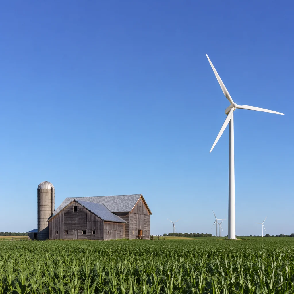 Wind Turbine Over Green Rural Farmland