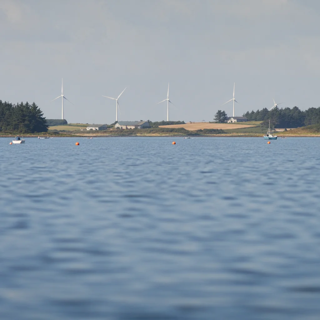 Coastal Wind Turbines Over Calm Blue Water
