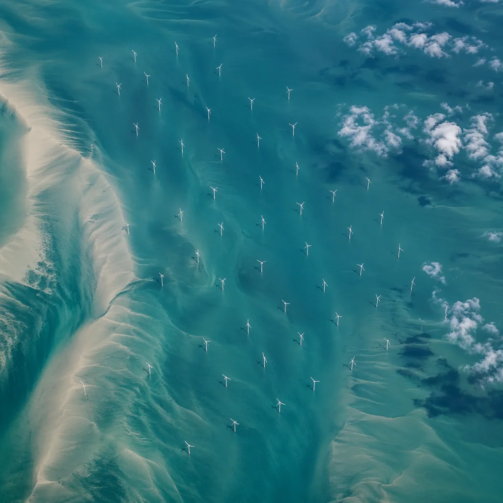 Offshore Wind Farm Over Turquoise Coastal Waters