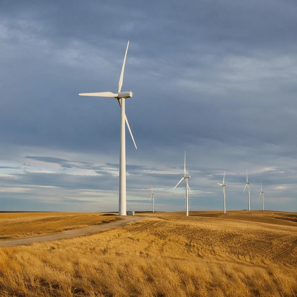 Wind Turbines Across Golden Farmland