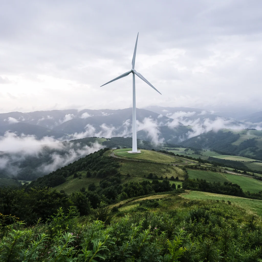 Wind Turbine Over Misty Green Hills