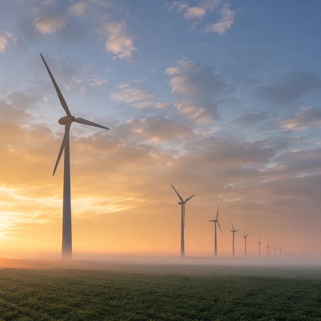 Wind Turbines at Dawn Over Green Fields