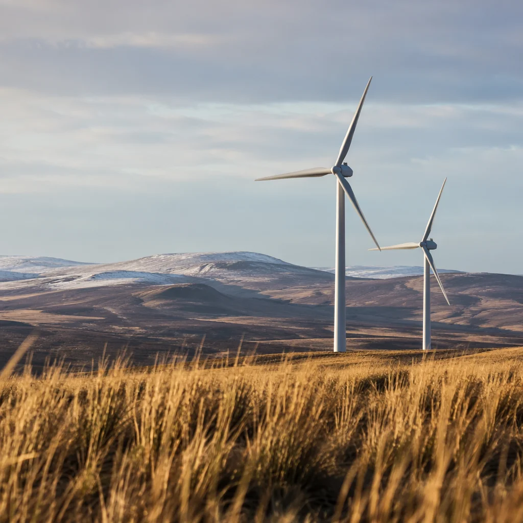Wind Turbines Over Golden Winter Hills