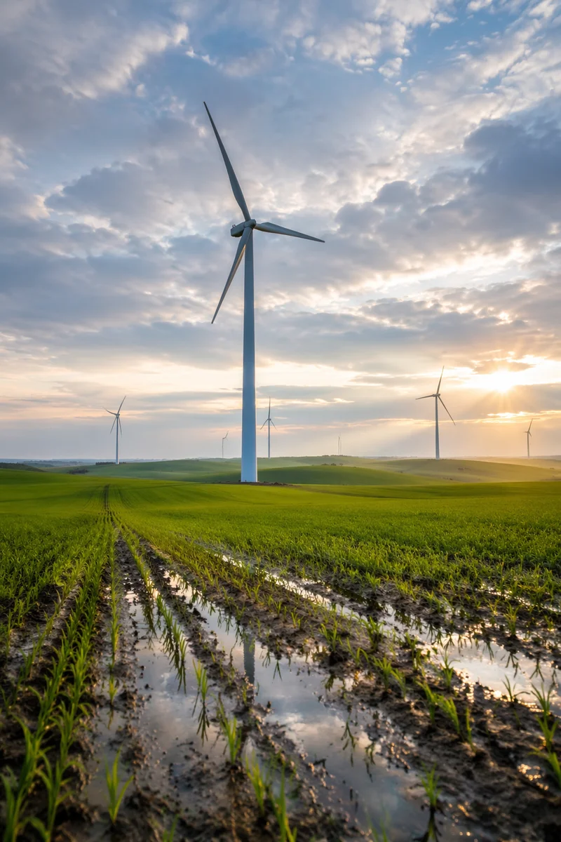 Morning Wind Turbines Over Green Farmland