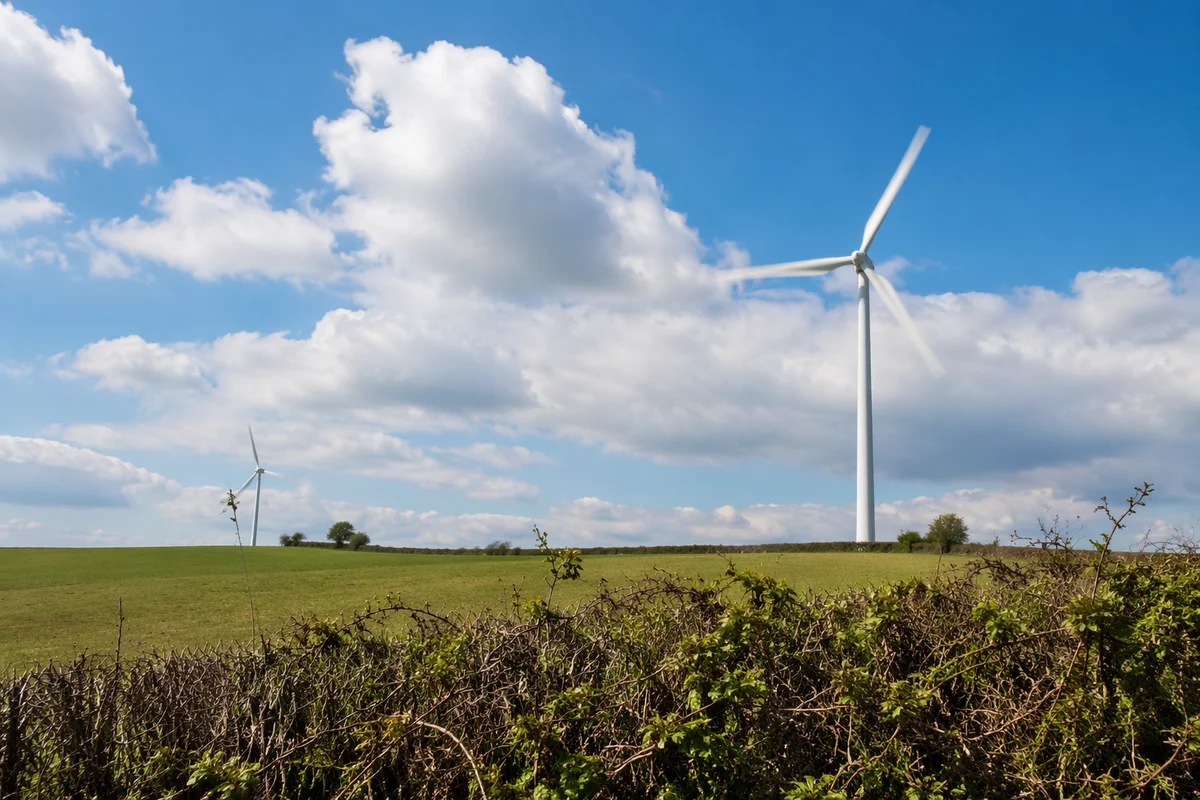 Wind Turbines Over Spring Hedgerow Landscape