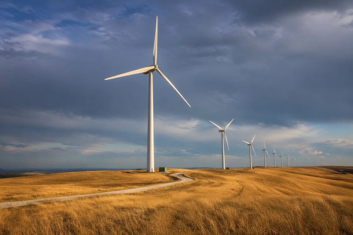 Wind Turbines Across Golden Farmland