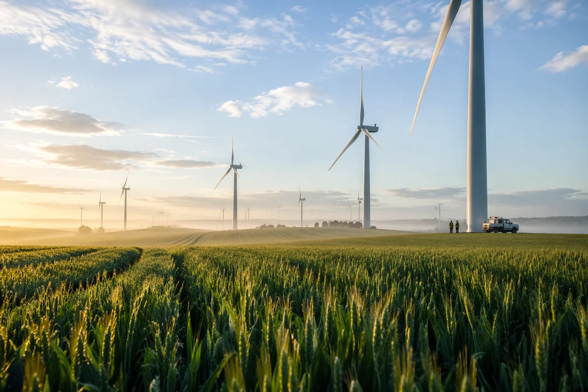 Wind Turbines Across Morning Green Field