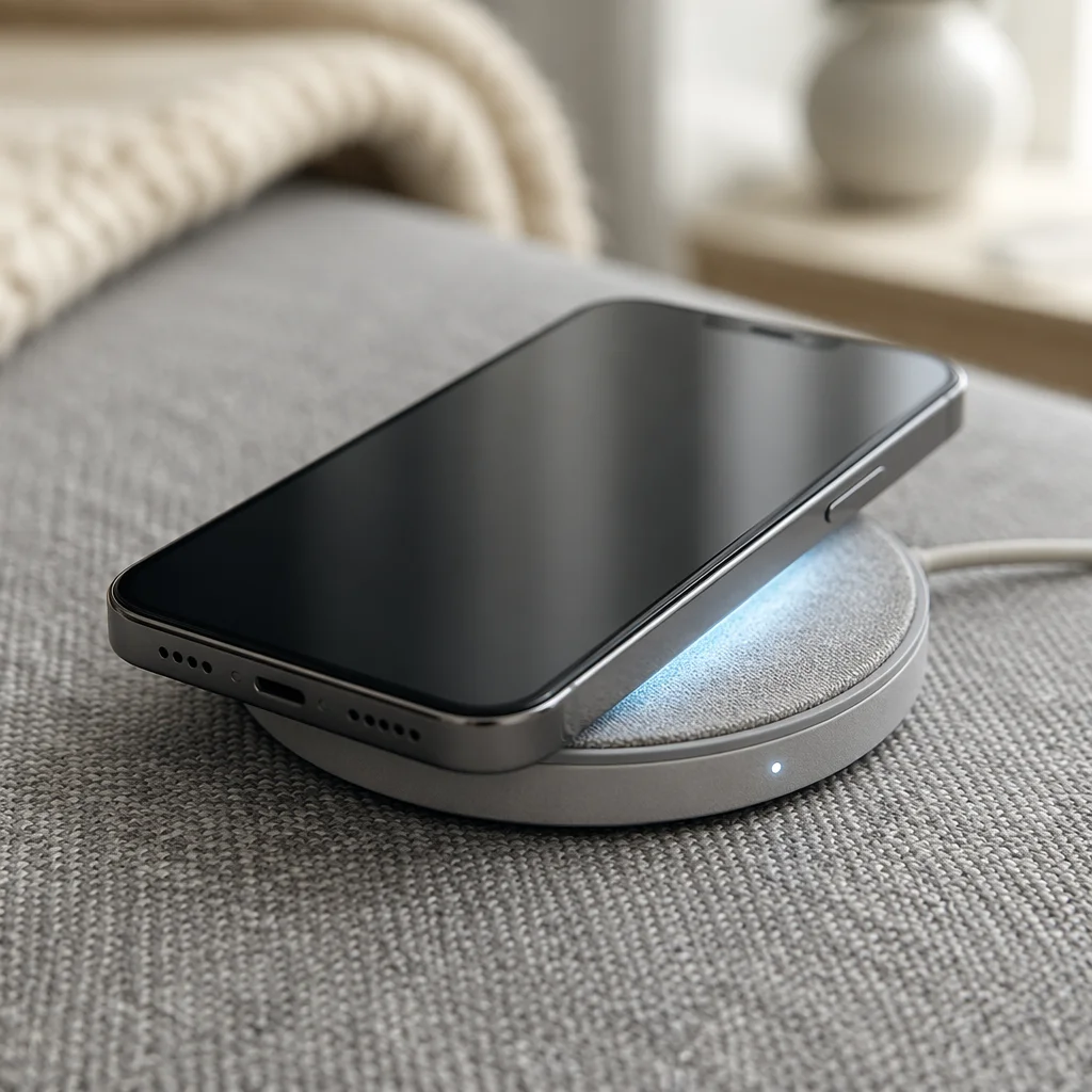 Glowing Wireless Charging Phone on Gray Fabric