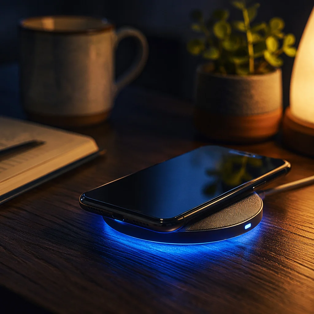 Glowing Wireless Charging Pad on Walnut Desk